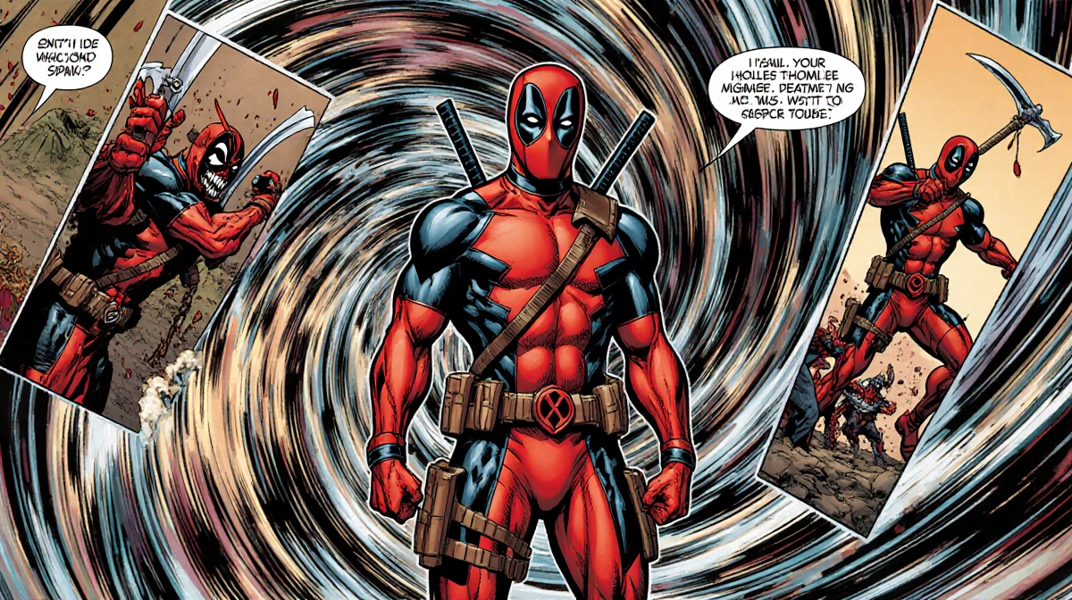 Deadpool stands confidently with comic panels swirling around him showing different Spawn versions of himself wielding weapon