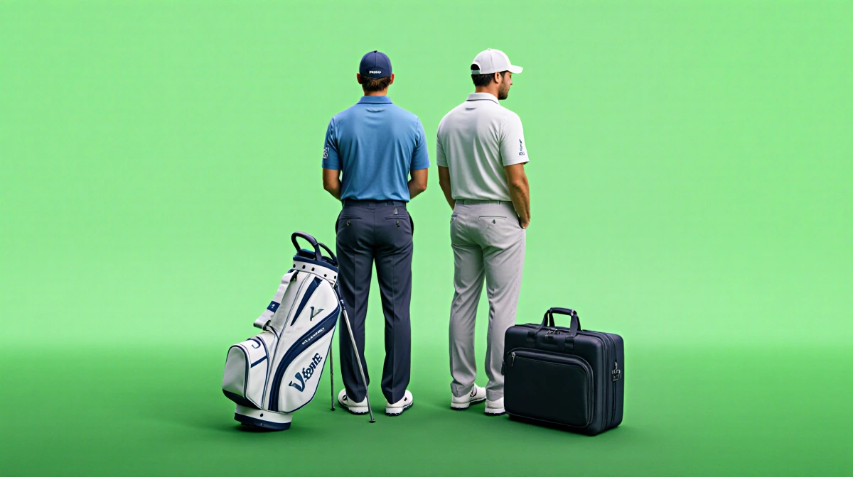 DeChambeau and Rahm standing back to back with luggage showing disinterest in returning to PGA Tour