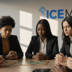 DeepMind team clasping hands around table with bowed heads and focused faces showing concern and determination