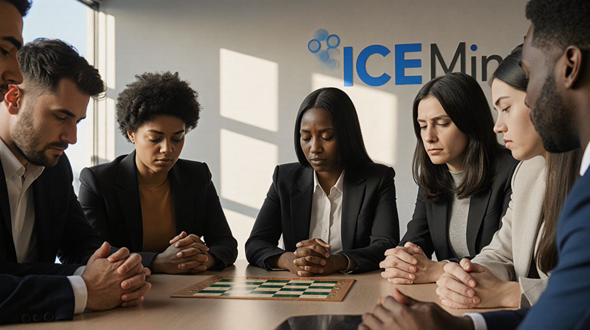 DeepMind team clasping hands around table with bowed heads and focused faces showing concern and determination