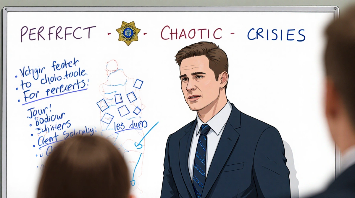 Defense attorney Jason Goss presents to jury with whiteboard showing perfect and chaotic crises strategy with police badge bl