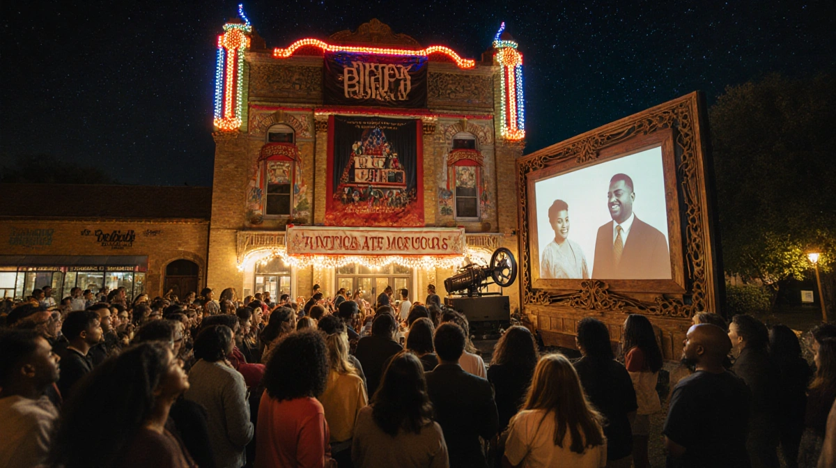 Crowd watching outdoor film at night with colorful festival lights and ornate wooden screen
