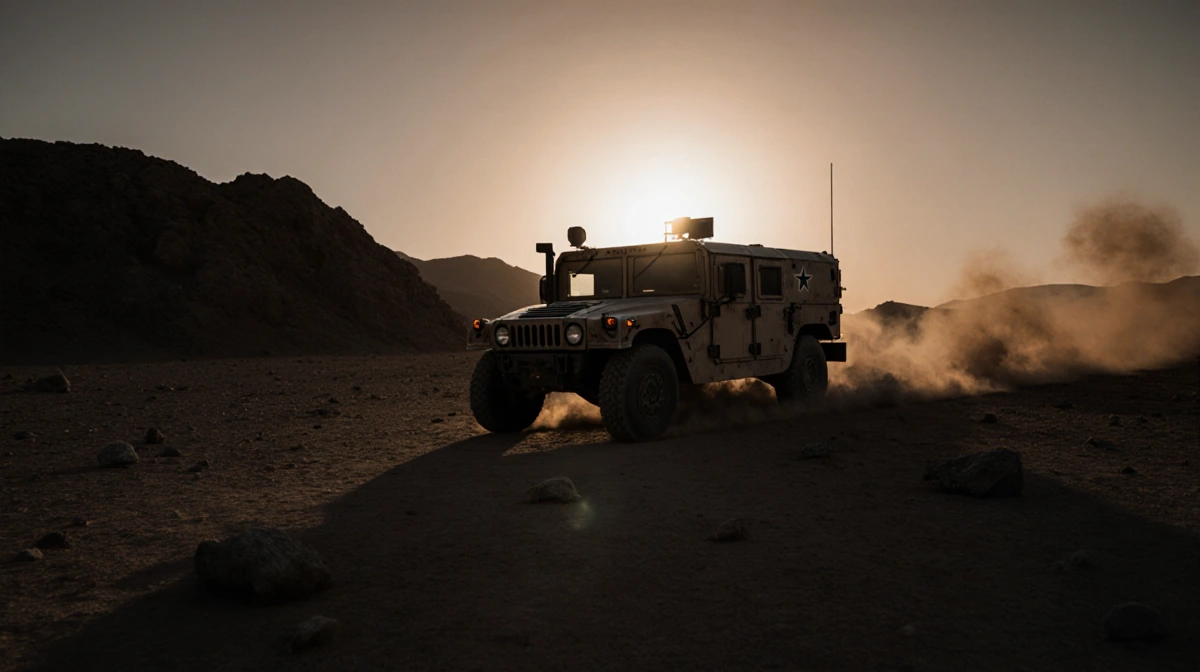 Military vehicle driving away through dusty desert terrain with plume of smoke rising and orange sunset sky