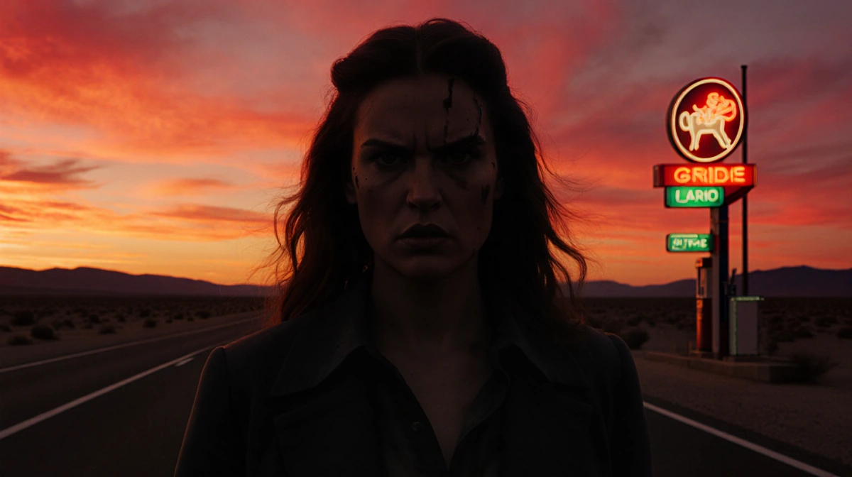 Woman stands menacingly on desert highway with neon gas station lights casting eerie glow across her face