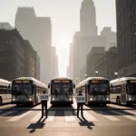 Two protesters hold signs reading Leave Transit System and Save Our Services at deserted bus station with open doors and empt