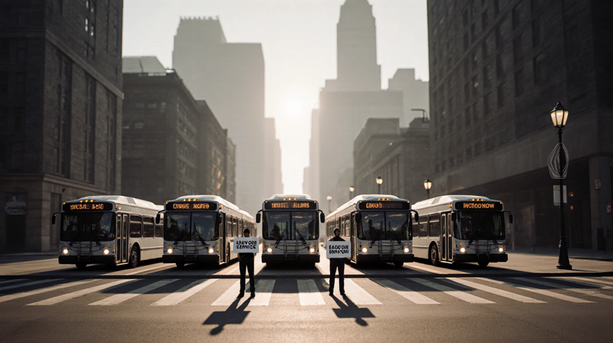 Two protesters hold signs reading Leave Transit System and Save Our Services at deserted bus station with open doors and empt