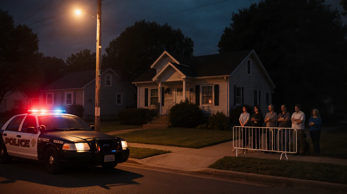 Police car with flashing lights stands on quiet suburban street with neighbors watching from behind barricade
