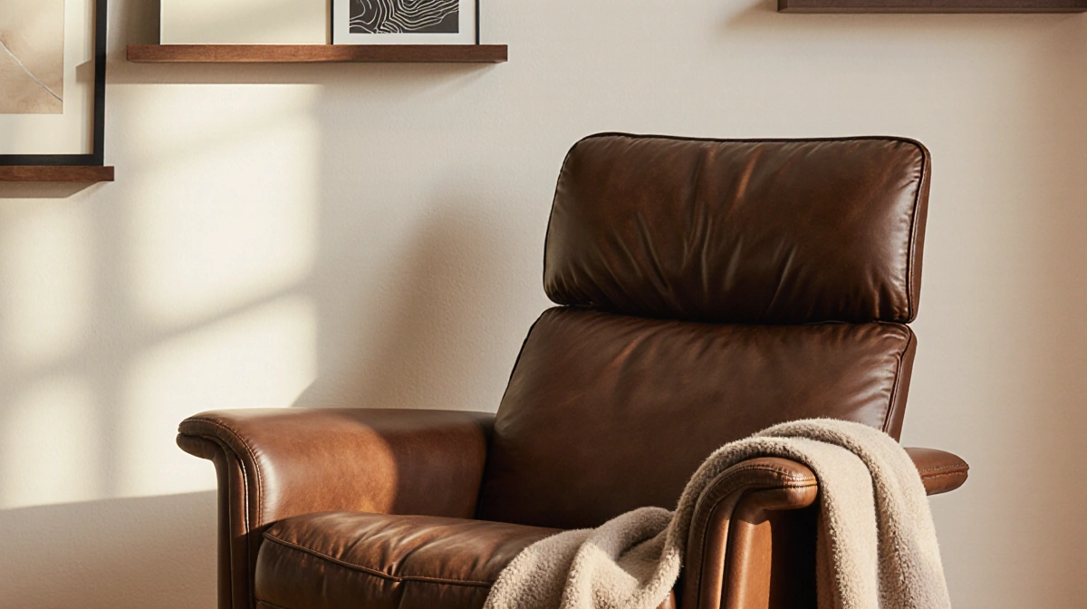 Brown leather armchair rests against cream wall with modern art and neutral throw blanket nearby