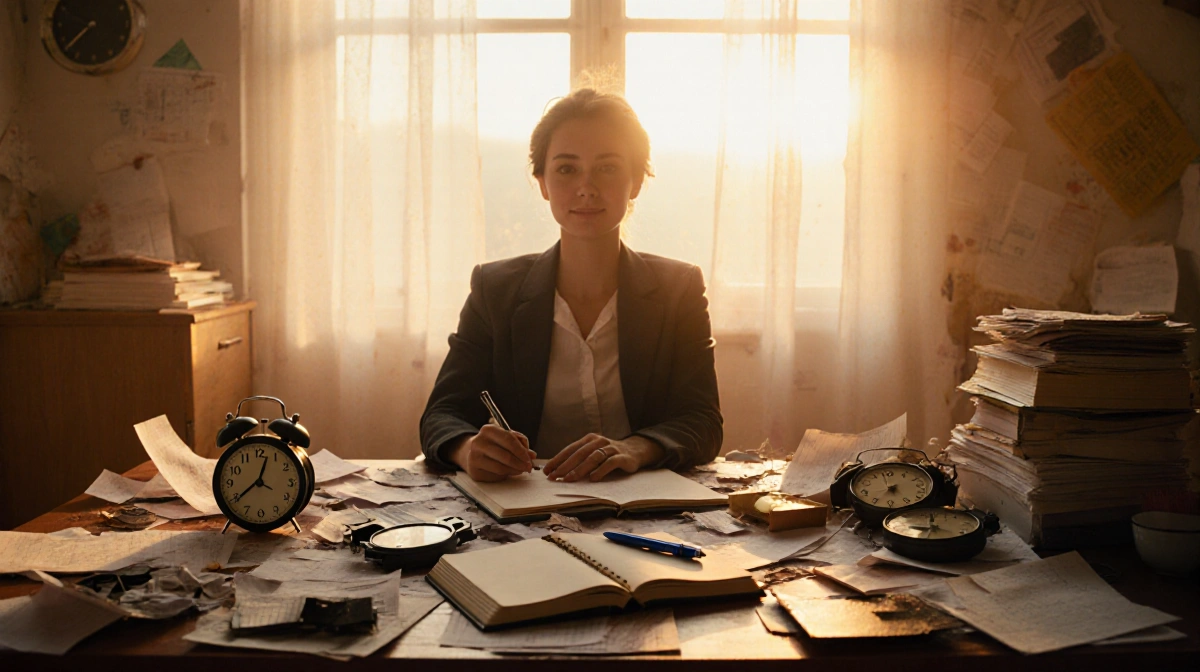 Person sits calmly at a cluttered desk with broken clocks and papers, open notebook and pen beside them in golden sunset ligh