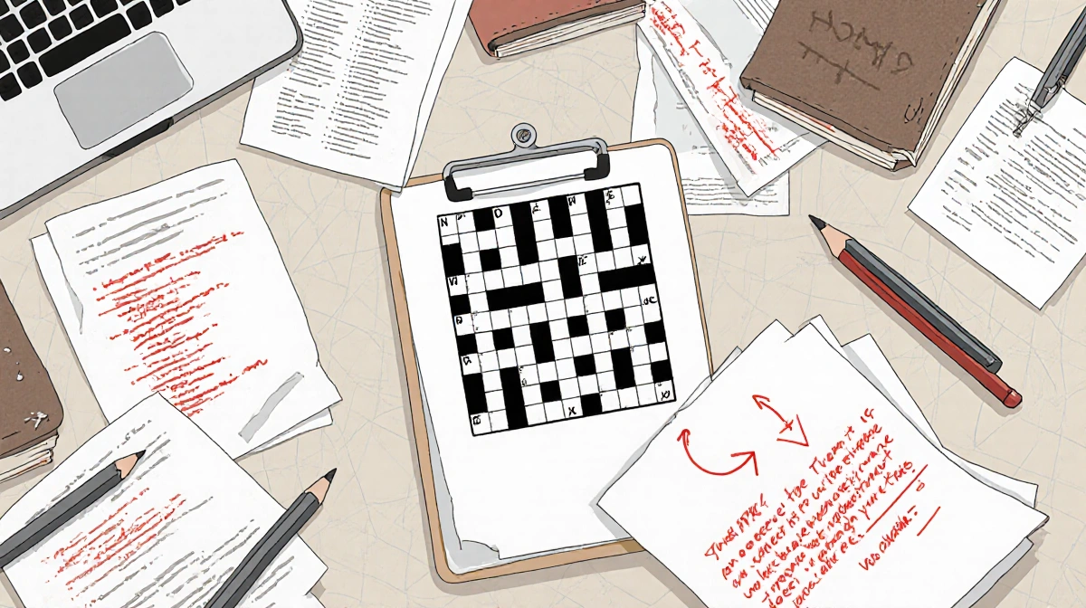 Cluttered desk with puzzle books and pens and papers with a partially completed crossword puzzle on a clipboard