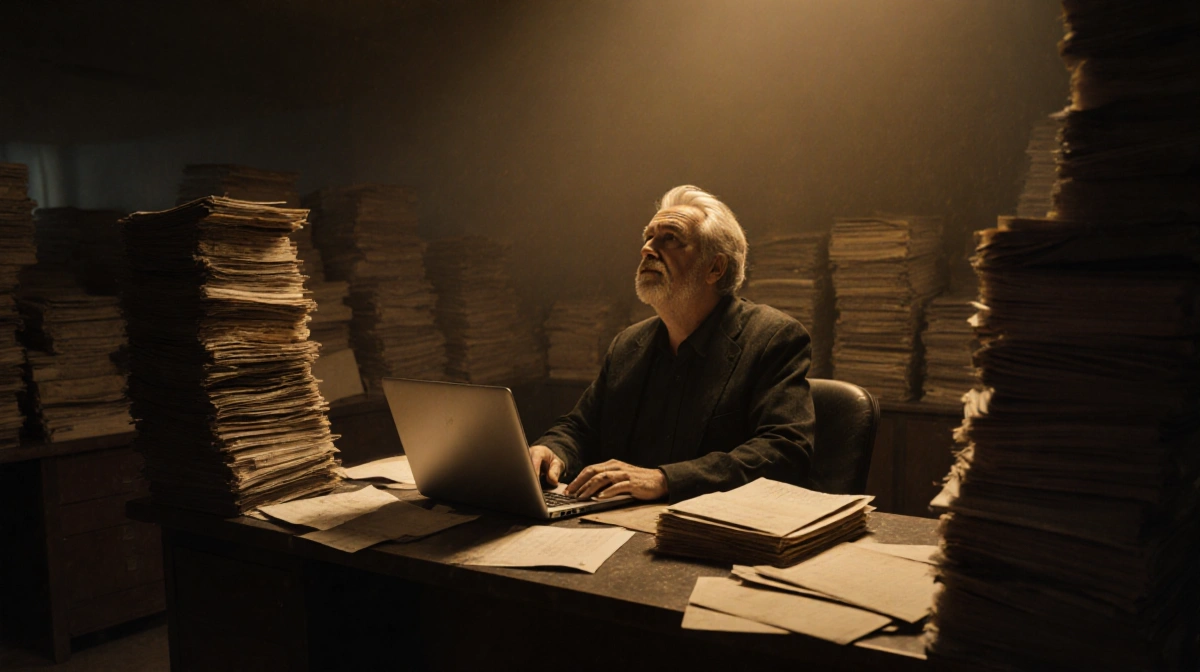 Mid-aged person studying at desk with dusty file stacks and laptop and intense focus under warm golden light