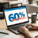 Person typing on laptop with 60% HP Discount banner and coffee mug while surrounded by books and papers