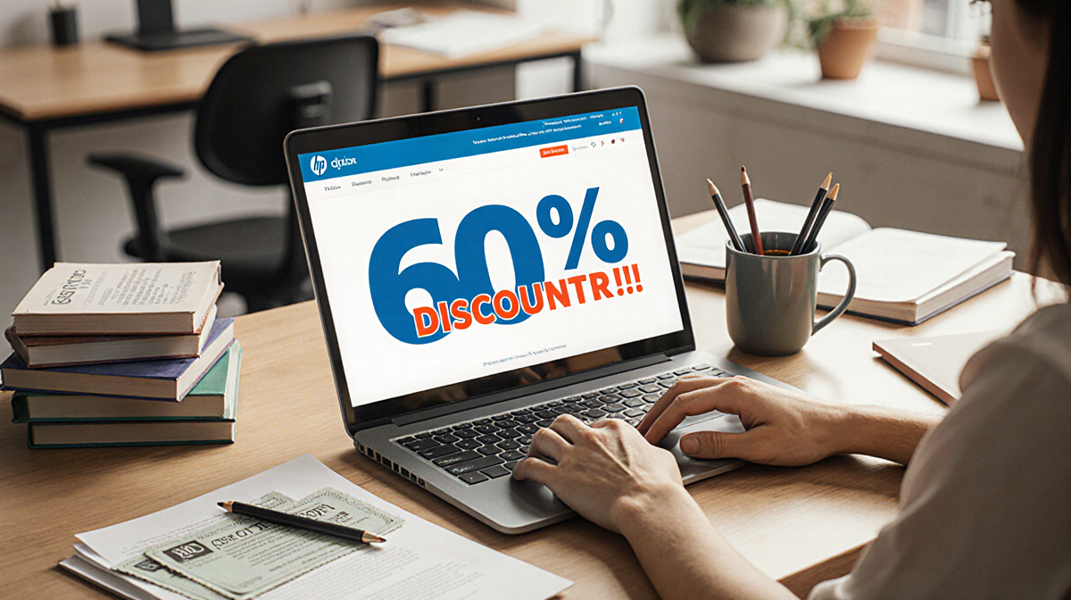 Person typing on laptop with 60% HP Discount banner and coffee mug while surrounded by books and papers