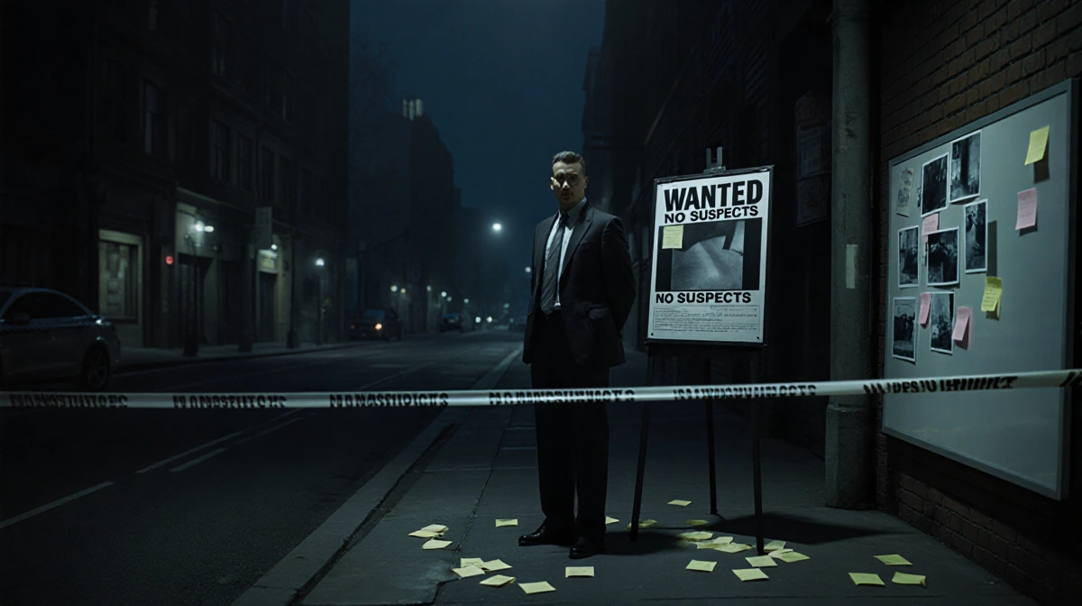 Detective reviews wanted poster with no suspects and surveillance photos on sticky notes in dark city street