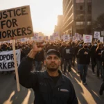 Autoworker raising fist with Justice for Workers sign and crowd marching toward Ford plant gates at sunset