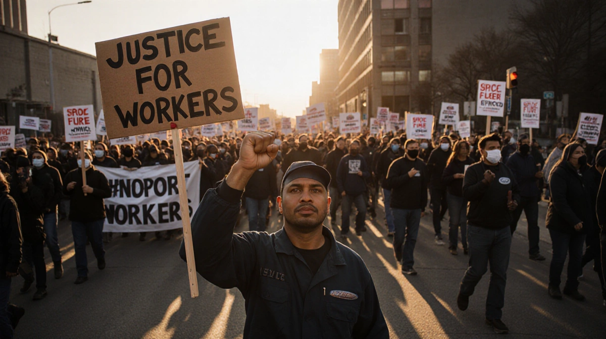 Autoworker raising fist with Justice for Workers sign and crowd marching toward Ford plant gates at sunset