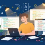 Person typing on laptop with colorful wires and blinking lights and code screens showing creativity