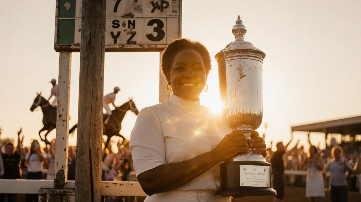 Diane Crump celebrating victory with silver trophy and golden sunset light near vintage Kentucky Derby post