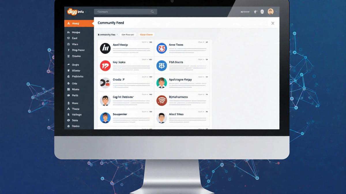 Modern computer screen shows Digg beta interface with 21 colorful community icons and grid of user posts with subtle AI anima