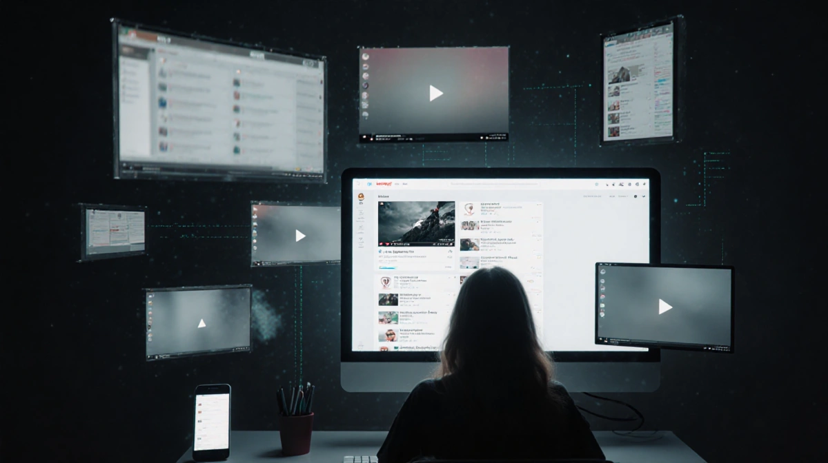 Woman slumped at computer with paused videos on multiple screens and blurred phone showing digital addiction