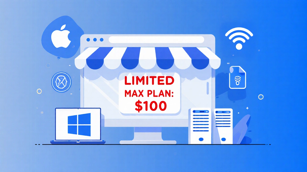 Digital storefront showing Max plan with $100 price tag and computer icons with Wi-Fi signal against blue gradient