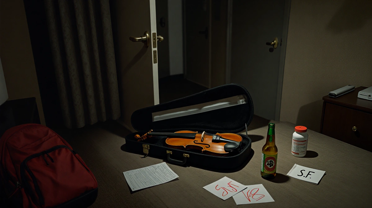 Violin case opening slightly in a dimly lit hotel room with a beer bottle nearby.