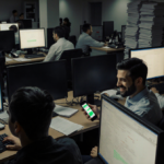 Office manager sends WhatsApp message with motivational smile while workers stare at glowing screens in cramped office