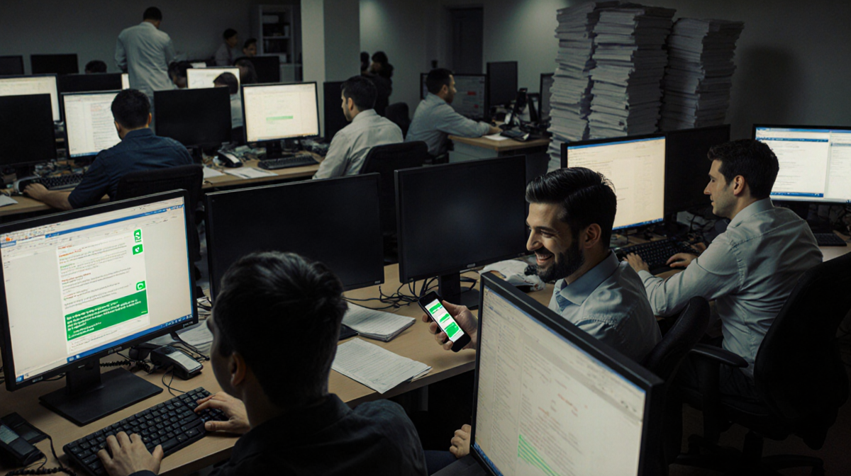 Office manager sends WhatsApp message with motivational smile while workers stare at glowing screens in cramped office