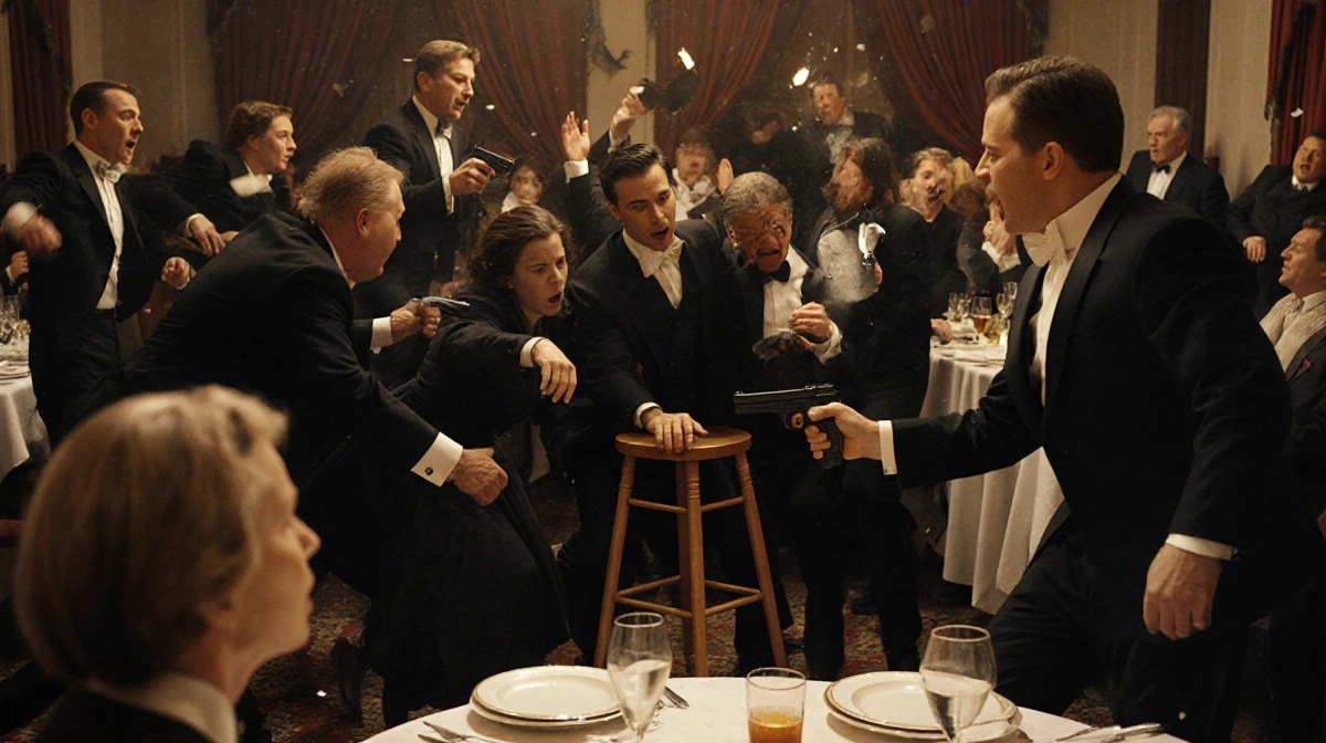 Man wrestling gunman to ground with wooden stool while diners flee the shooting scene