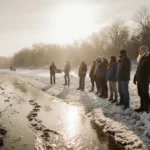 People looking at the frozen riverbank with dinosaur tracks in mud and ice and warm sun glow
