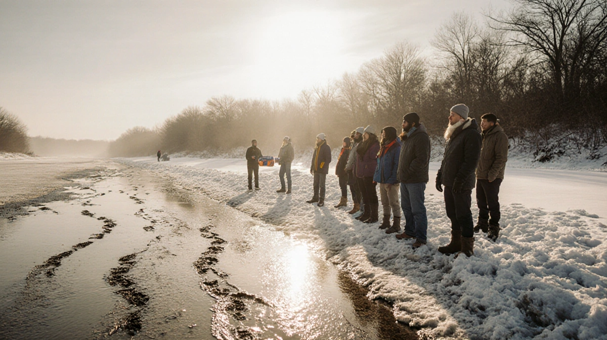 People looking at the frozen riverbank with dinosaur tracks in mud and ice and warm sun glow