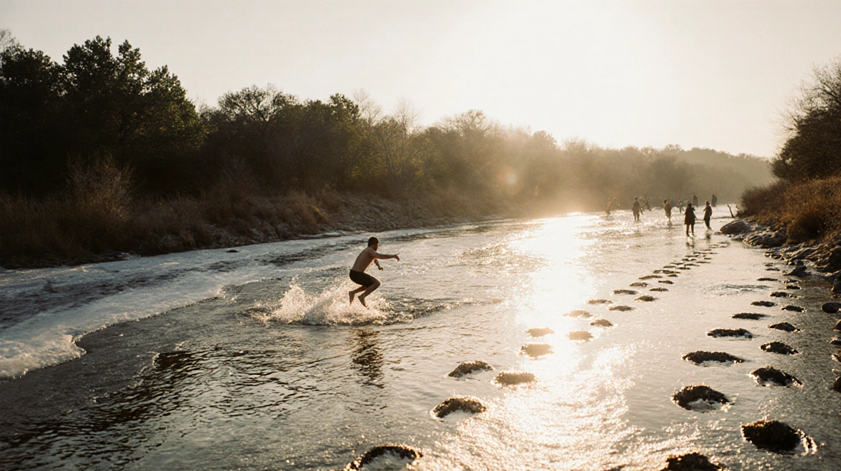 Group of people leaping into icy Paluxy River with dinosaur tracks and lush vegetation under a soft sunrise glow.