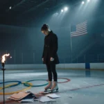 Figure skater standing on ice with broken Olympic rings and scattered papers showing citizenship loss