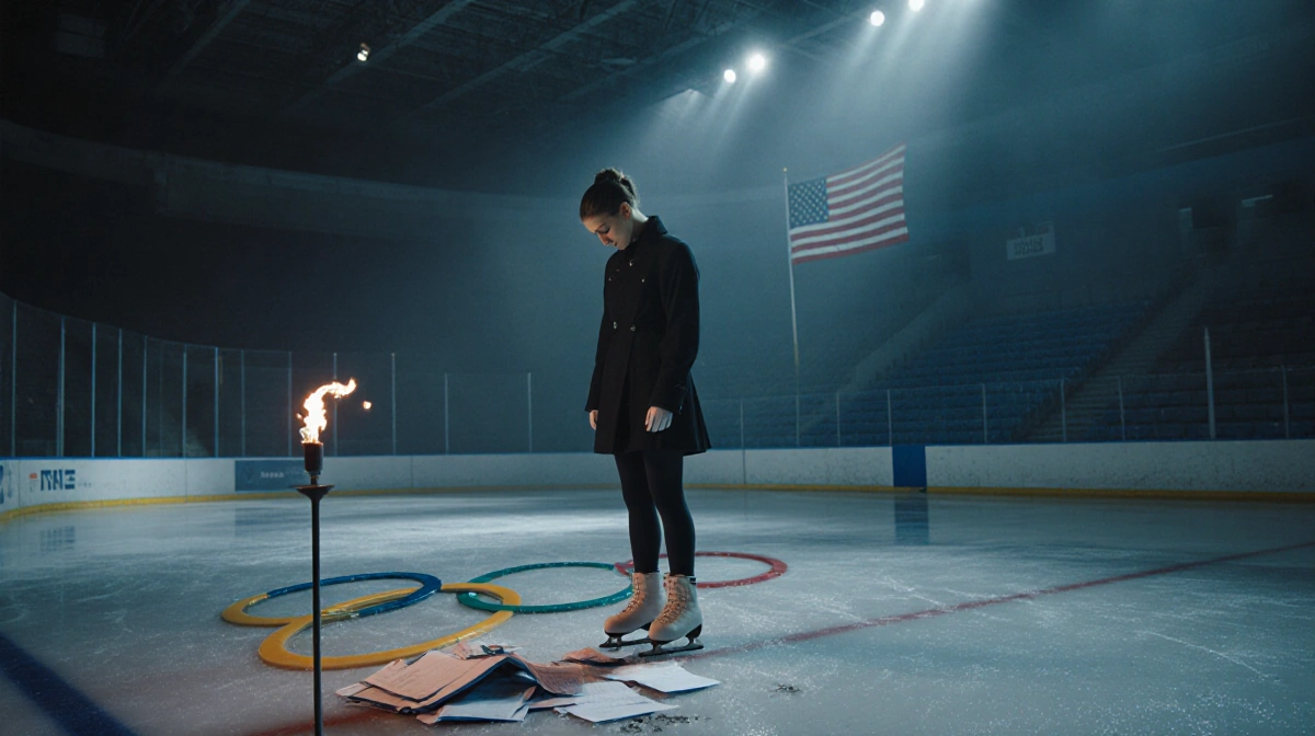 Figure skater standing on ice with broken Olympic rings and scattered papers showing citizenship loss