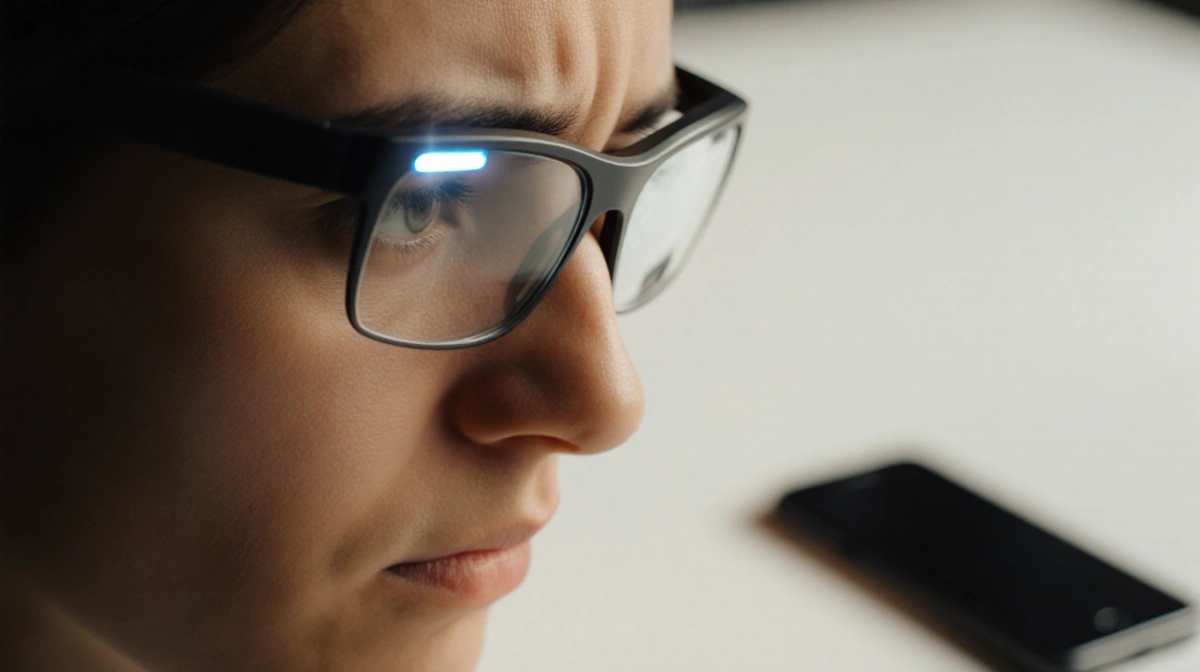 Person wearing smart glasses with flashing light looks disappointed while abandoned smartphone sits on table