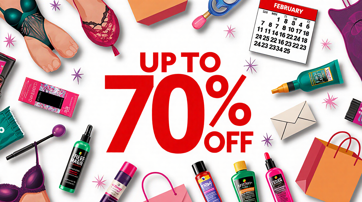 Banner displays UP TO 70% OFF with toys lingerie lubricants and free shipping bags and a February calendar.