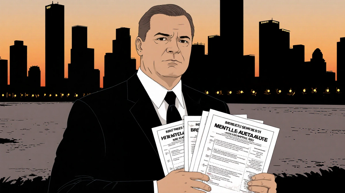 District Attorney Sean Teare holds homelessness and mental health data with Houston skyline at sunset and bayou in background