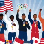 Diverse Olympic athletes hold medals high with American flags waving behind podium