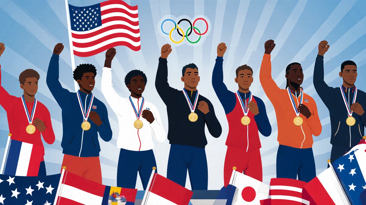 Diverse Olympic athletes hold medals high with American flags waving behind podium