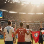 Athletes hold national banners together with cheering crowd and stadium lights creating unity