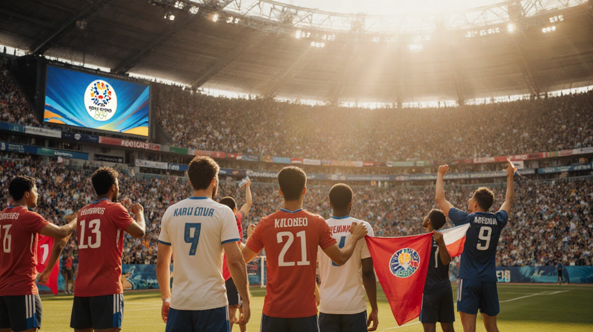 Athletes hold national banners together with cheering crowd and stadium lights creating unity