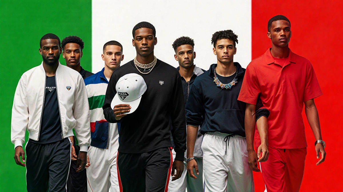 Diverse group of men walking toward camera with athletic wear and Italian flag colors in background
