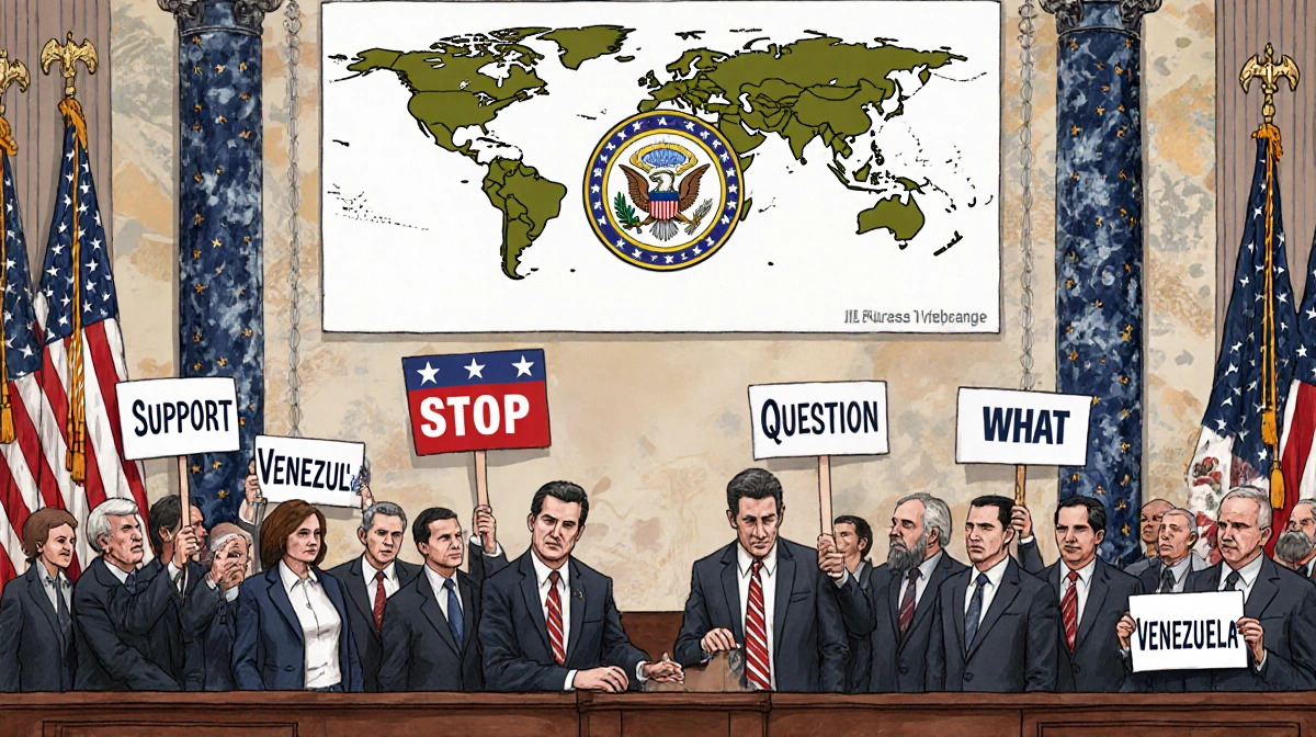 Republican lawmakers rally in legislative chamber with Venezuela map in background and military symbols