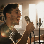 Young DJ recording vocals with DJI wireless mic in a cozy home studio lit by warm natural light with music gear in background
