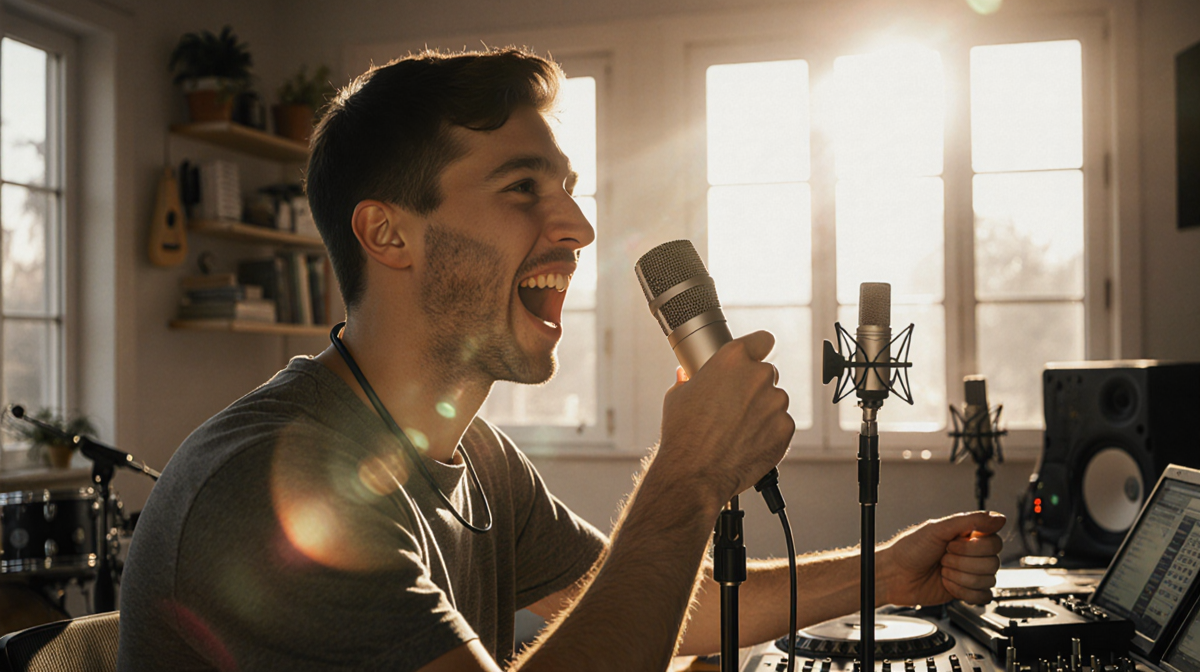 Young DJ recording vocals with DJI wireless mic in a cozy home studio lit by warm natural light with music gear in background