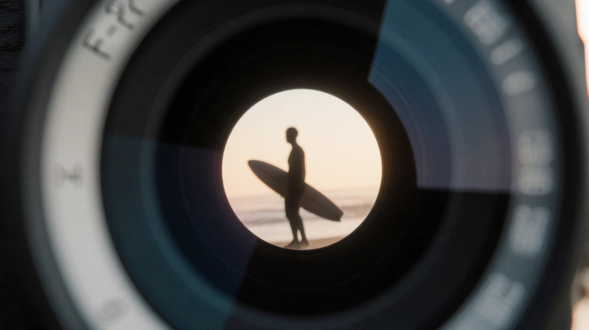 DJI Action 6 aperture blades opening with surfer silhouette blurred and sharp background showing f-stop change