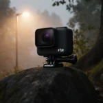 DJI Action 6 camera sits on mossy rock with lens open and warm streetlamp glow highlighting its low-light design