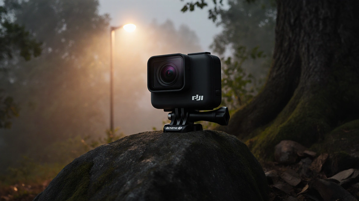 DJI Action 6 camera sits on mossy rock with lens open and warm streetlamp glow highlighting its low-light design