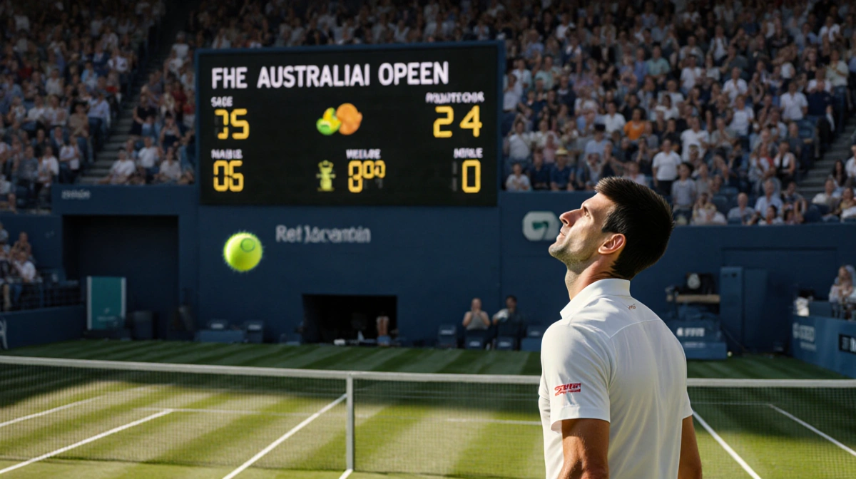 Novak Djokovic looking up at scoreboard showing 24 with Australian Open crowd behind