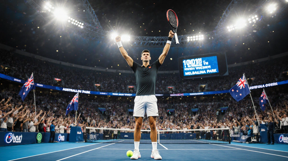Novak Djokovic celebrating victory at Australian Open with crowd cheering and 100th win scoreboard behind him
